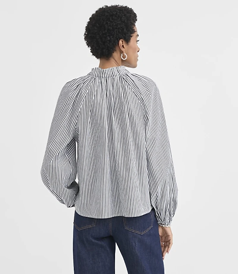 Stripe Poplin Pleated Ruffle Split Neck Blouse