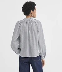 Stripe Poplin Pleated Ruffle Split Neck Blouse