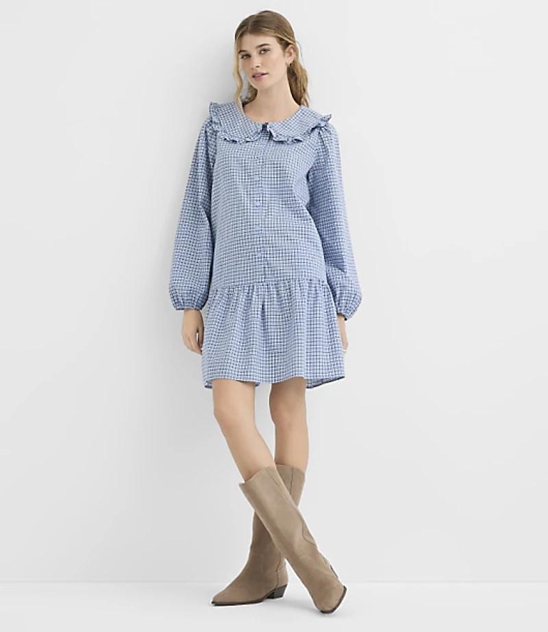 Petite Plaid Ruffle Collar Mini Pocket Dress
