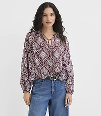 Medallion Shirred Ruffle Tie Neck Blouse