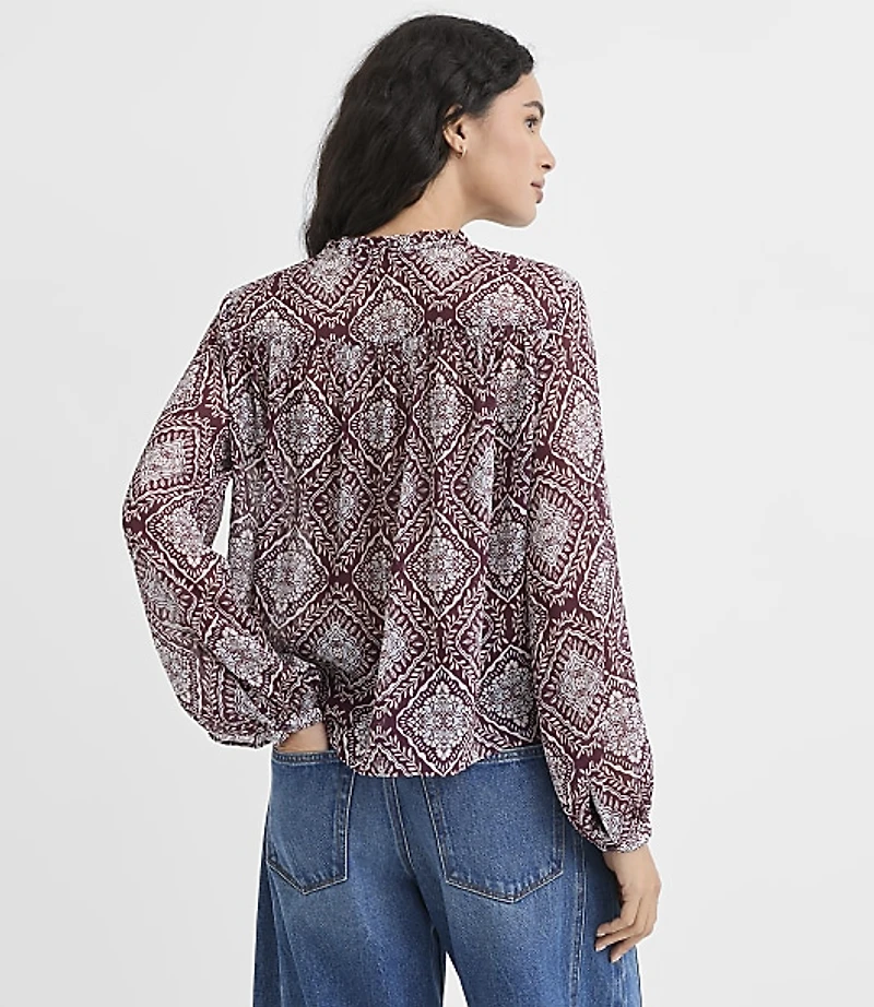 Medallion Shirred Ruffle Tie Neck Blouse