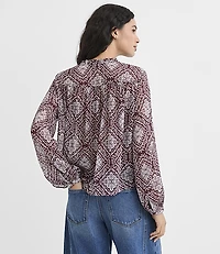 Medallion Shirred Ruffle Tie Neck Blouse