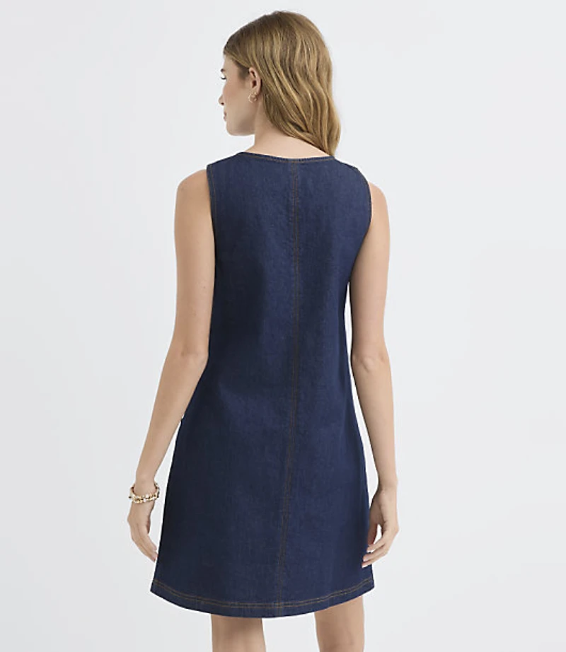 Petite Denim V-Neck Mini Pocket Dress Classic Rinse Wash