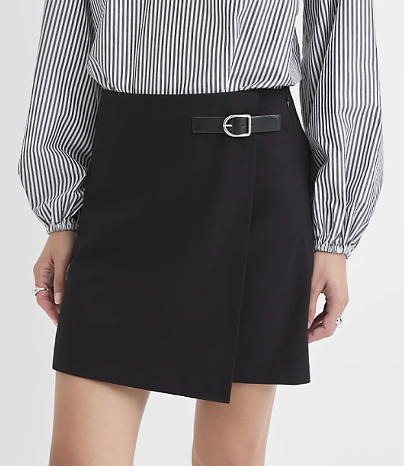 Faux Leather Buckle Ponte Mini Wrap Skirt