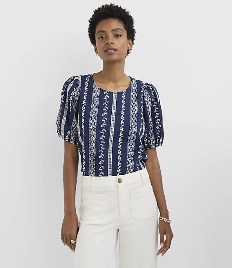 Eyelet Striped Puff Sleeve Top