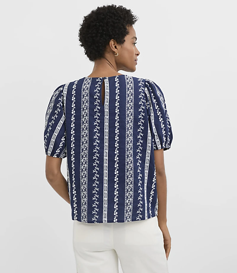 Eyelet Striped Puff Sleeve Top