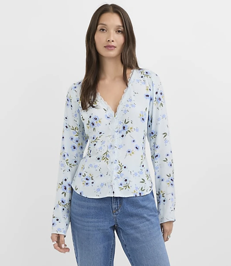 Petite Bouquet Lace Trim V-Neck Blouse