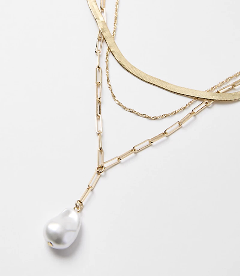 Pearlized Herringbone Chain Layered Necklace Set