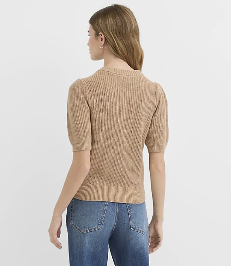 Petite Heathered Ribbed Puff Sleeve Cardigan