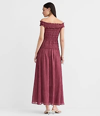 Petite Stripe Smocked Off The Shoulder Maxi Dress
