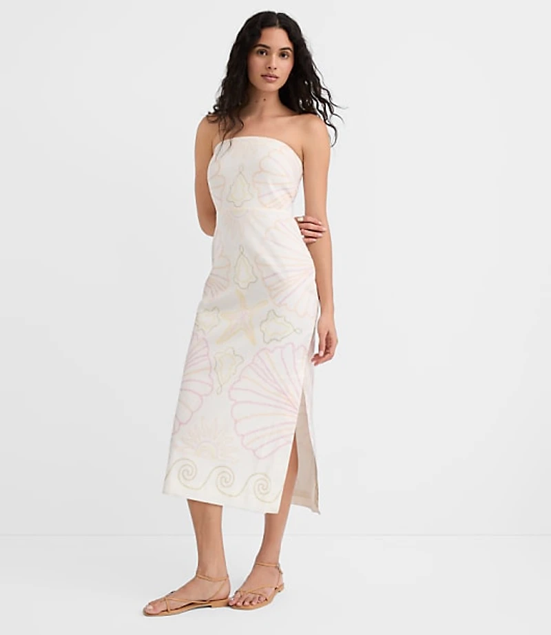 Petite LOFT Beach Seashell Linen Cotton Strapless Midi Dress