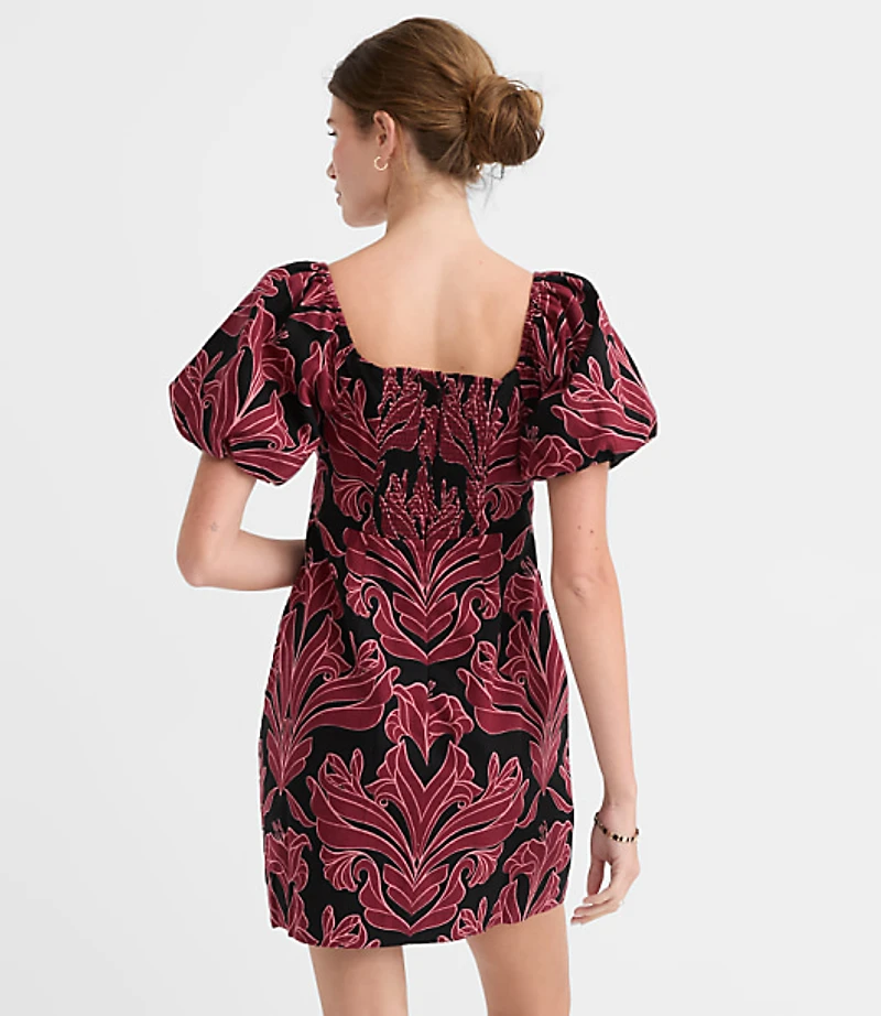 Petite Floral Linen Cotton Puff Sleeve Mini Pocket Dress