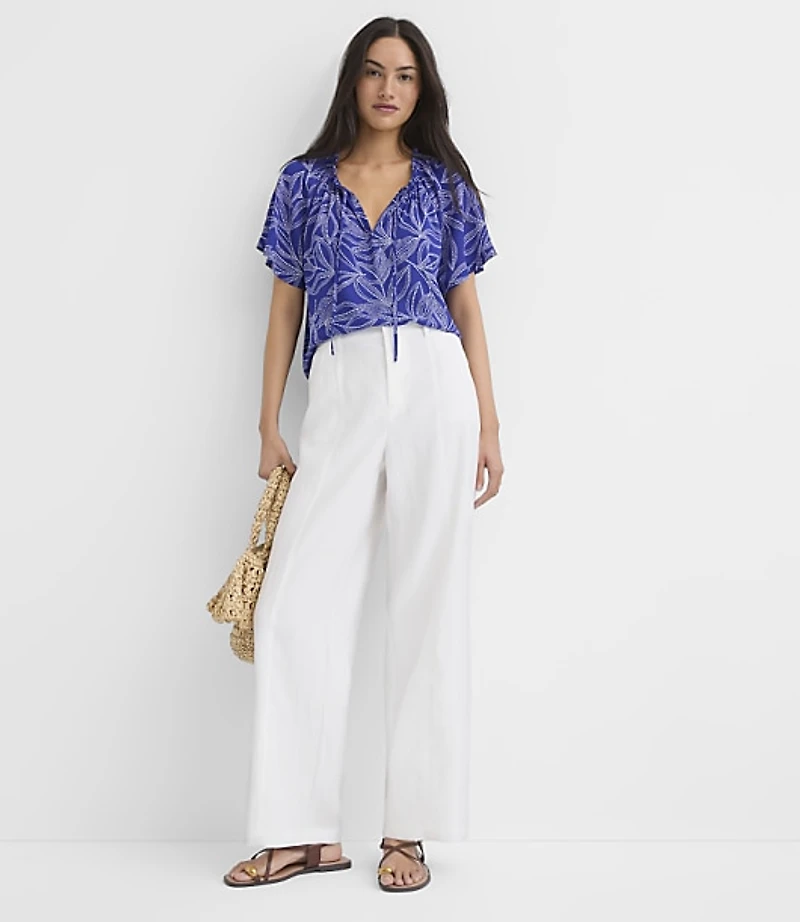 Petite Leafed Ruffle Tie Neck Mixed Media Blouse