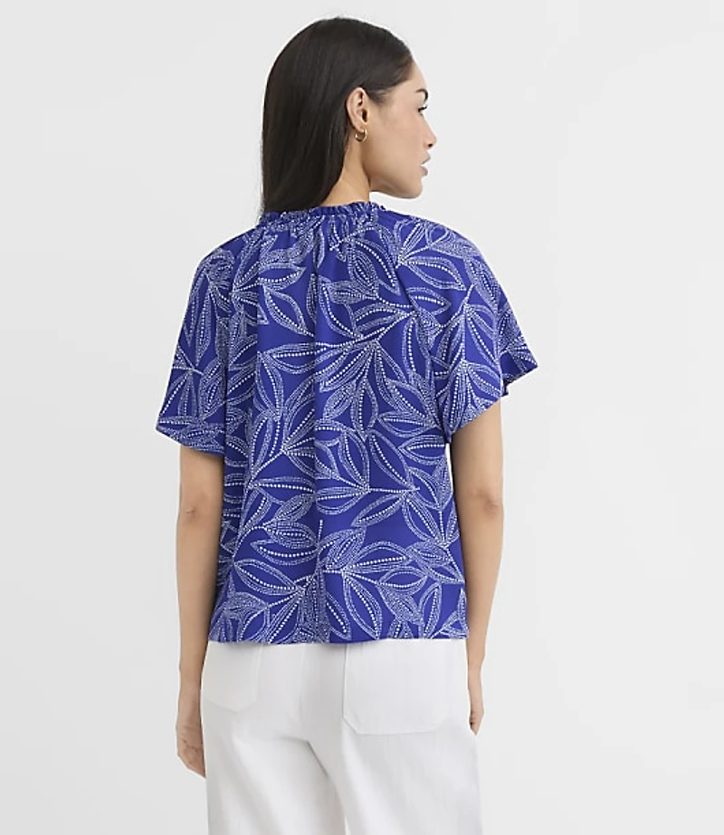 Petite Leafed Ruffle Tie Neck Mixed Media Blouse