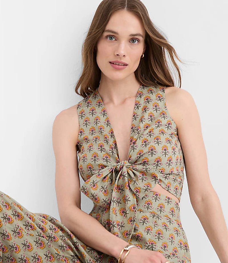 Petite LOFT Beach Garden Linen Cotton Tie Front Top