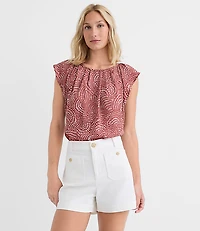 Swirl Flutter Sleeve Mixed Media Blouse
