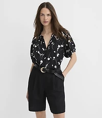 Floral Puff Sleeve Split Neck Top
