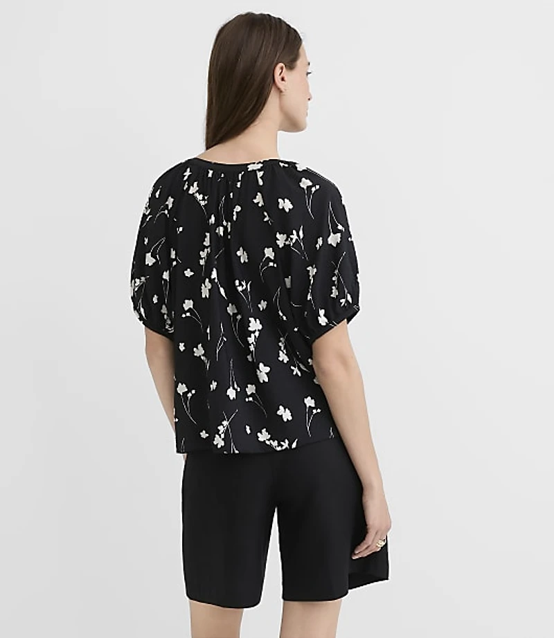 Floral Puff Sleeve Split Neck Top