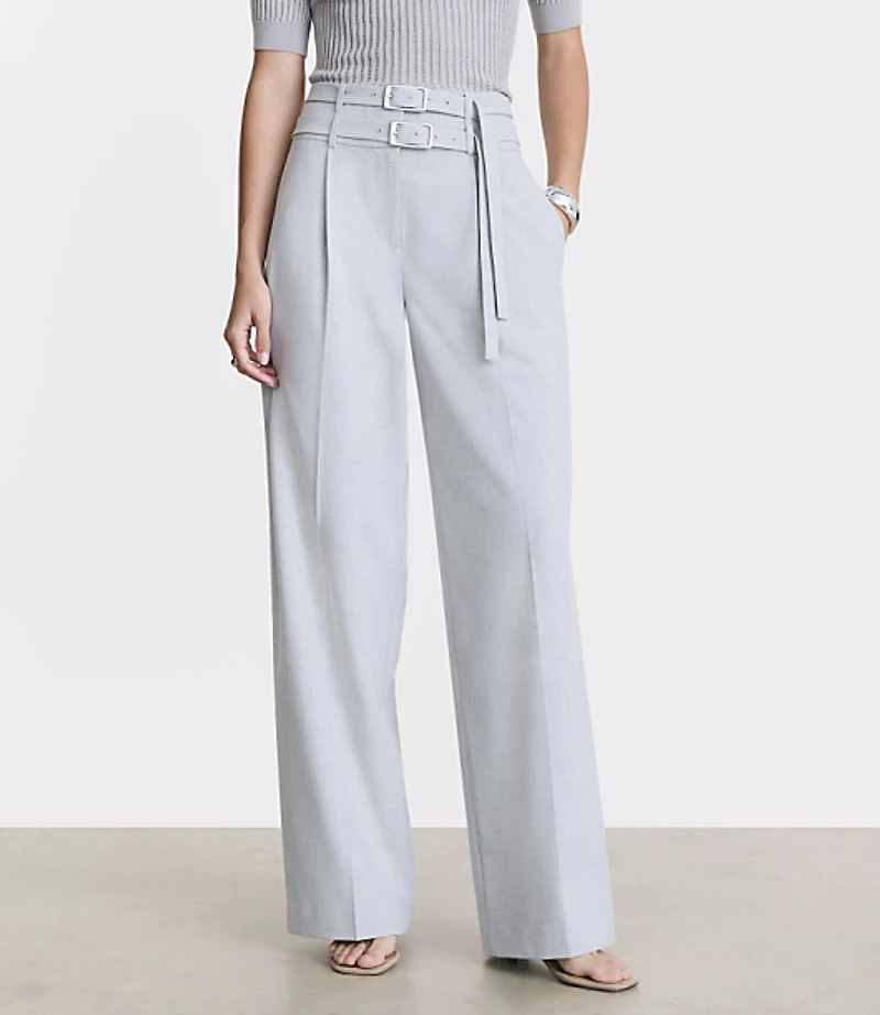 Petite LOFT Versa Seasonless Stretch Double Belted Wide Leg Pants Heather