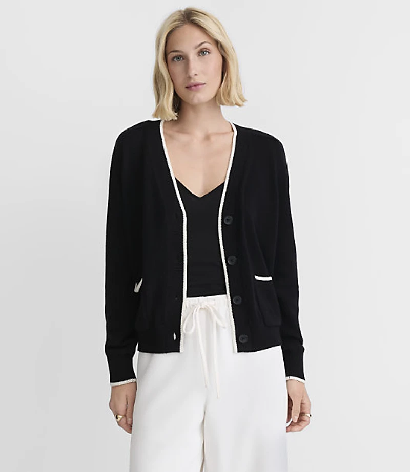 Tipped Saddle Sleeve V-Neck Pocket Cardigan