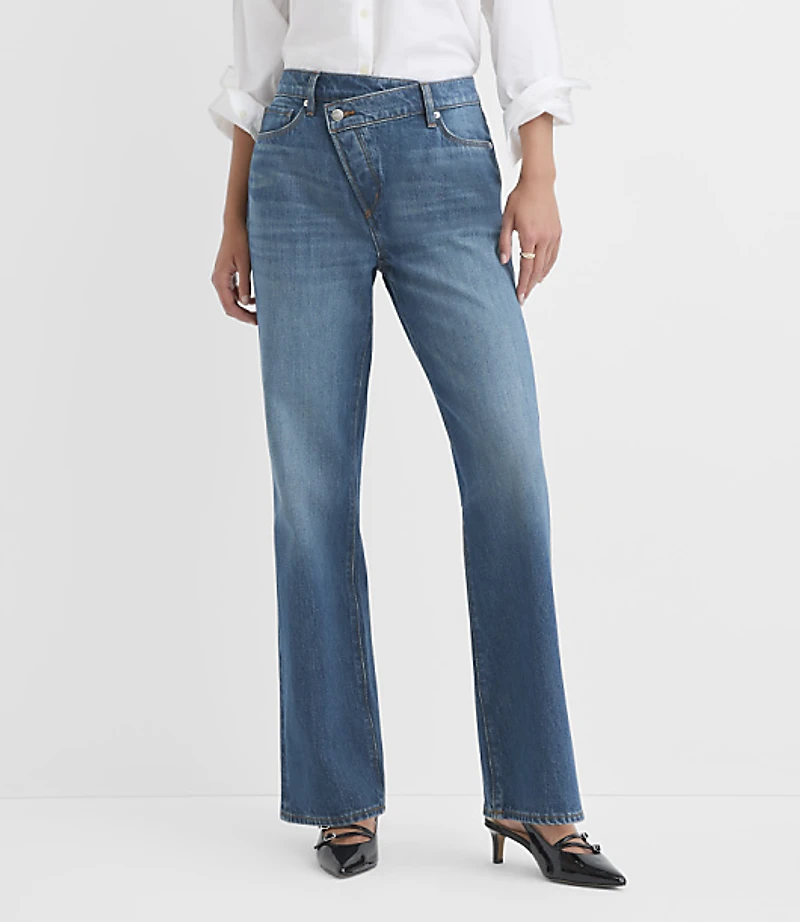 Rivete Petite Crossover Waist Mid Rise Relaxed Straight Jeans Vintage Distressed Wash