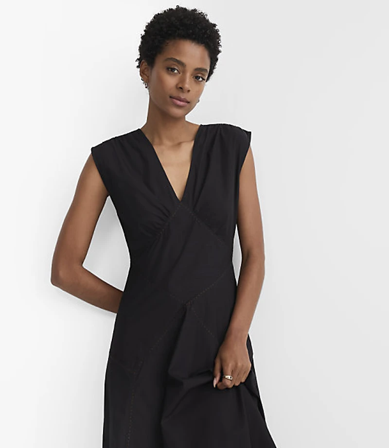 Petite Topstitched Poplin V-Neck Midi Dress