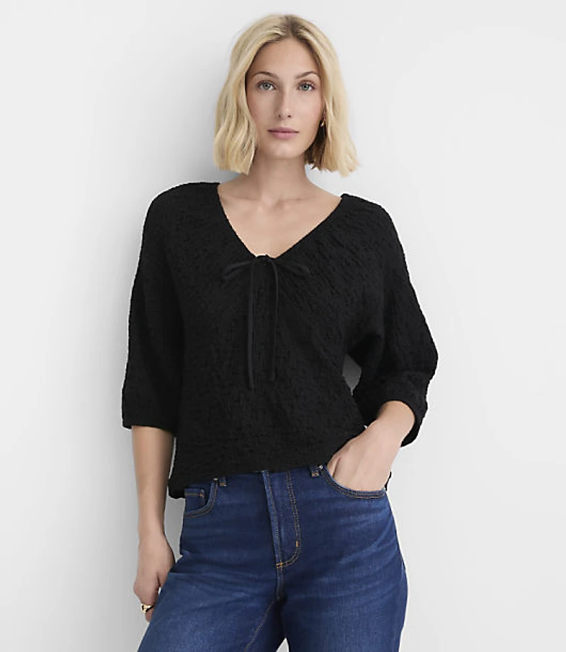 Crinkle Cinched Tie Neck Top