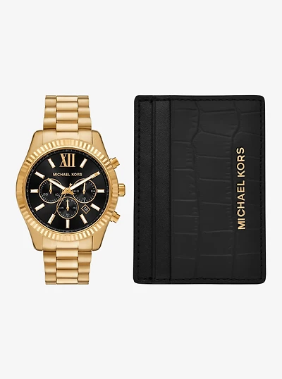Oversized Lexington Gold-Tone Watch and Crocodile Embossed Leather Card Case Gift Set