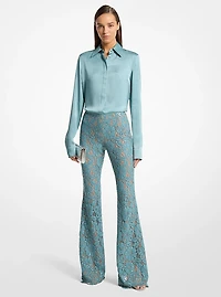 Hand-Embroidered Sequin Floral Lace Flared Pants