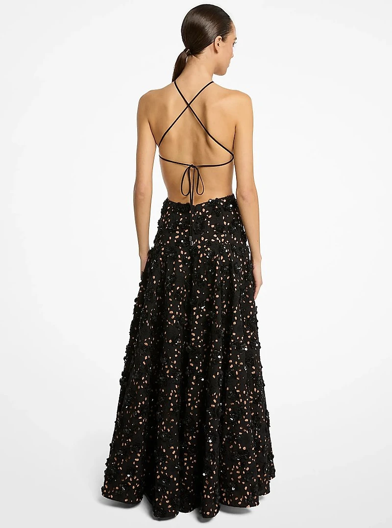 Hand-Beaded Floral Cotton Eyelet Cutout Halter Gown