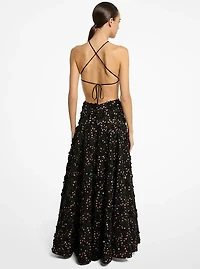 Hand-Beaded Floral Cotton Eyelet Cutout Halter Gown