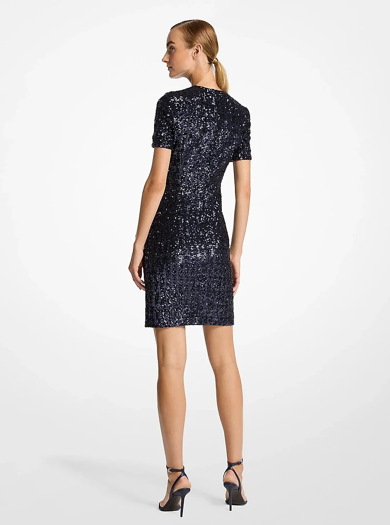 Sequined Short-Sleeve Crewneck Dress