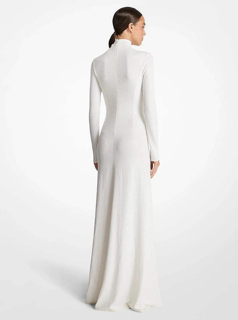 Hand-Embroidered Sequin Stretch Matte Jersey Mock Neck Gown