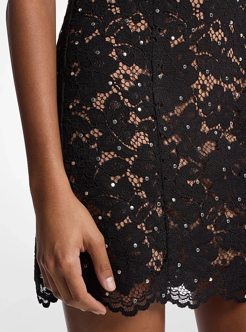 Studded Corded Floral Lace Mini Dress