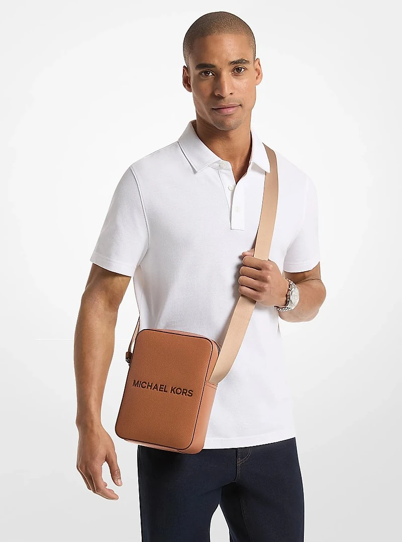 Cooper Logo Embossed Pebbled Leather Messenger Bag