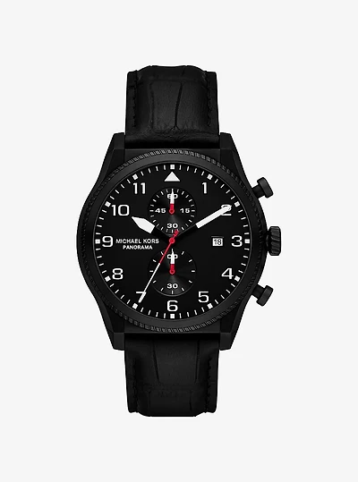 Oversized Panorama Black-Tone and Crocodile Embossed Leather Watch