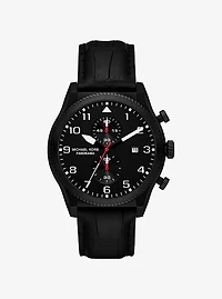 Oversized Panorama Black-Tone and Crocodile Embossed Leather Watch