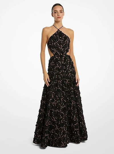 Hand-Beaded Floral Cotton Eyelet Cutout Halter Gown