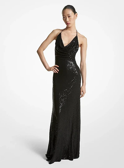 Hand-Embroidered Sequin Viscose Cowl Gown