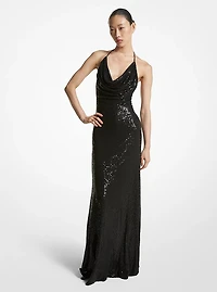 Hand-Embroidered Sequin Viscose Cowl Gown