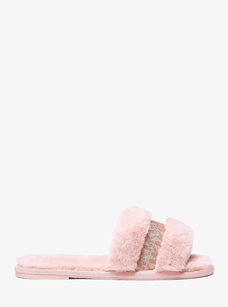 Alexis Faux Fur and Metallic Signature Logo Slide Sandal