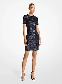 Sequined Short-Sleeve Crewneck Dress