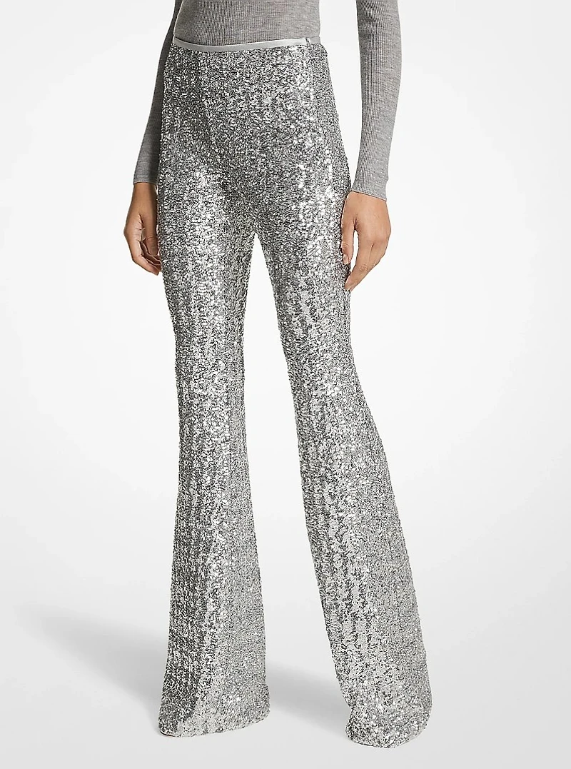 Sequined Stretch Tulle Flared Pants