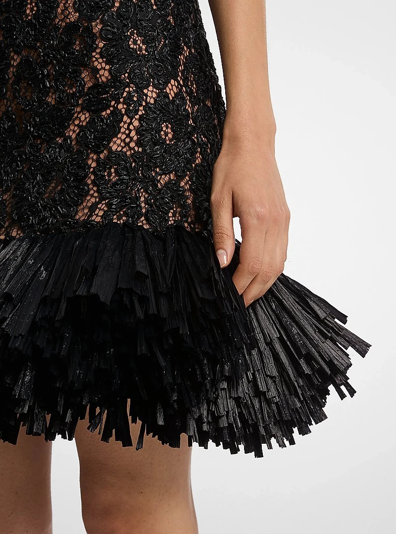 Hand-Embroidered Floral Lace and Fringe Cocktail Shaker Dress