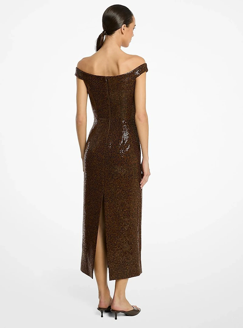 Hand-Embellished Paillettes Crepe Off-The-Shoulder Dress