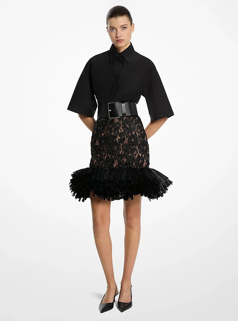 Hand-Embroidered Floral Lace and Fringe Skirt