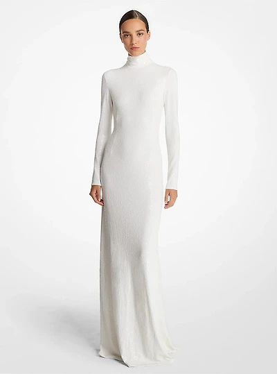 Hand-Embroidered Sequin Stretch Matte Jersey Mock Neck Gown