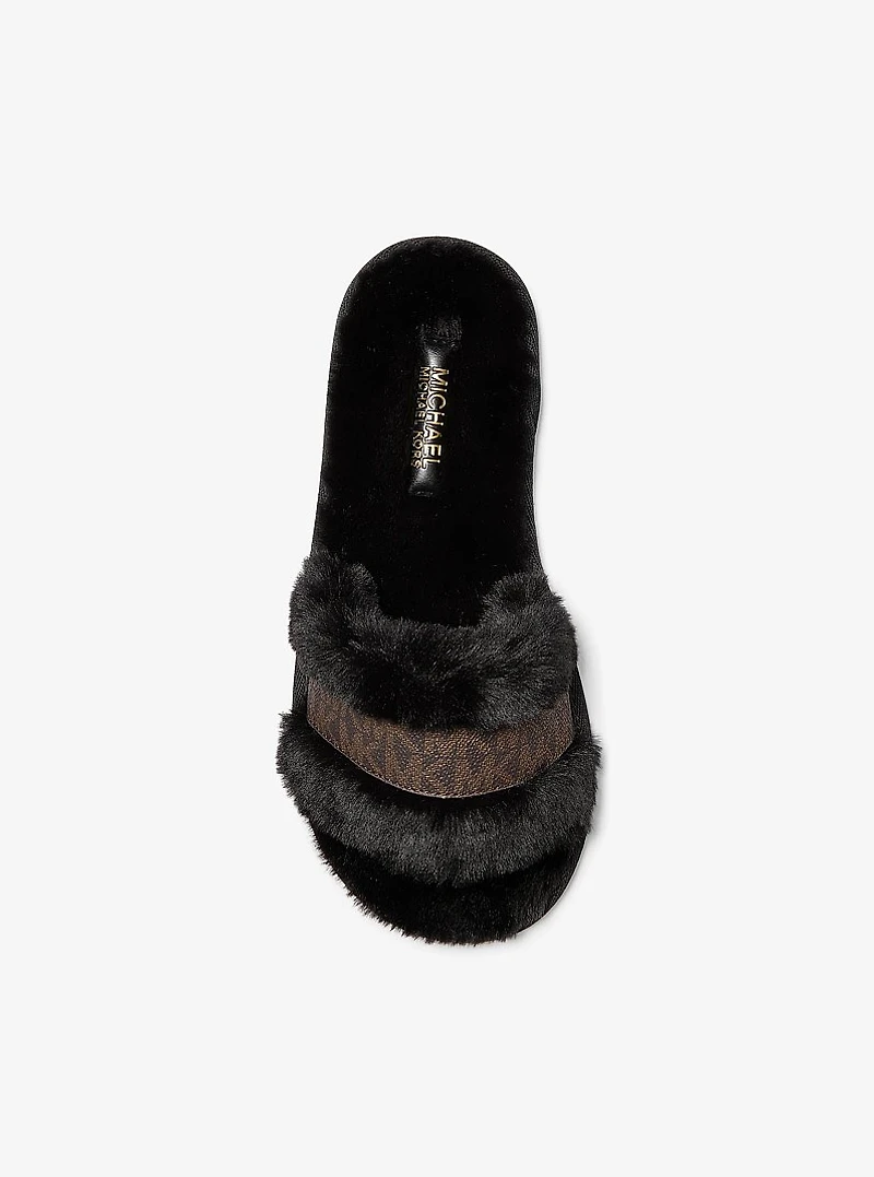 Alexis Faux Fur and Metallic Signature Logo Slide Sandal