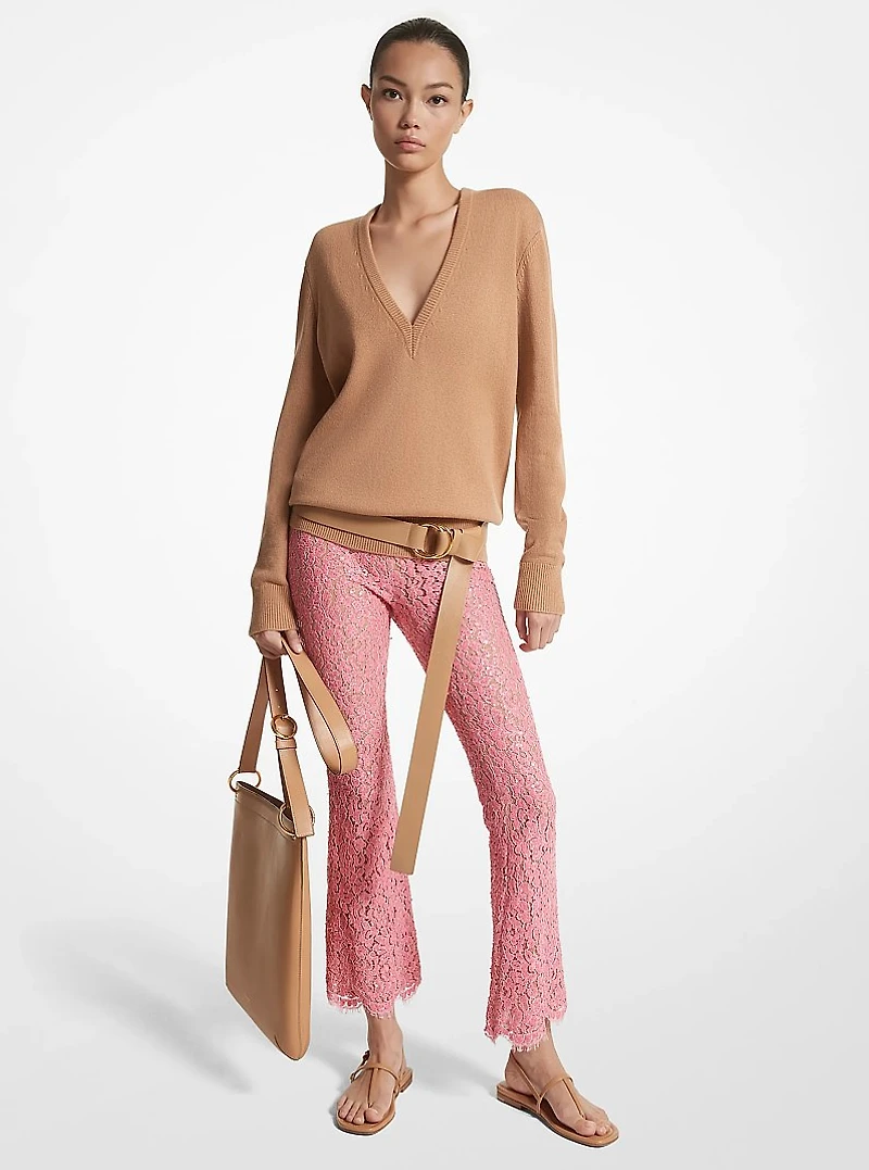 Hand-Embroidered Sequin Floral Lace Cropped Pants