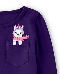 Girls Embroidered Llama Pocket Top - Little Llamas